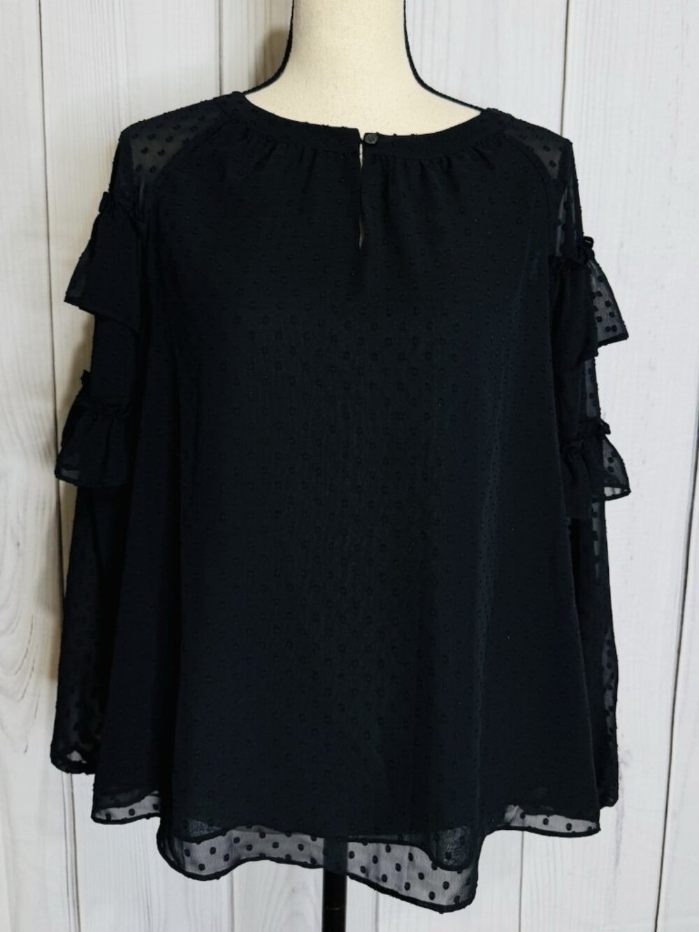 LOFT Black Ruffle Blouse Sz M Semi Sheer Long Sleeve Textured Polka Dots